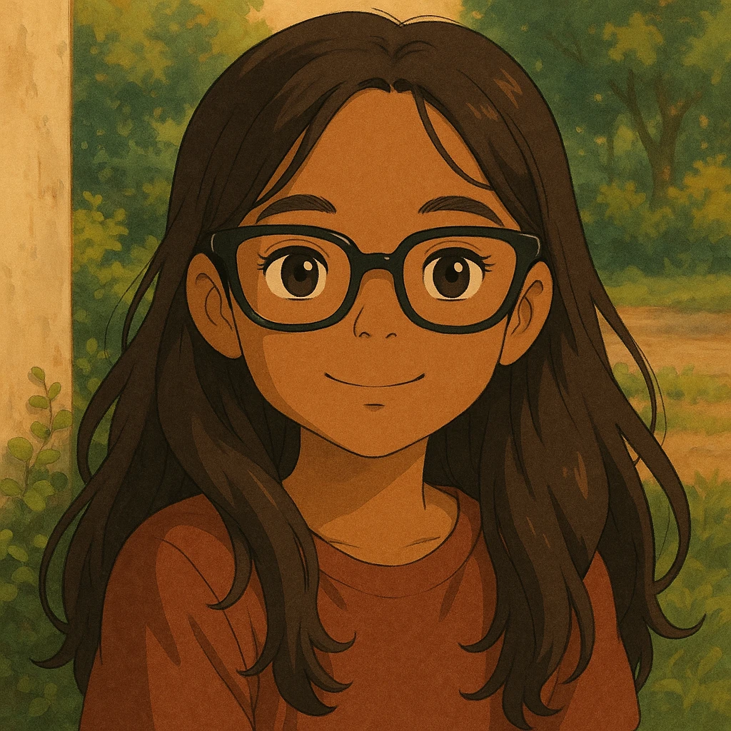 young brown girl with long dark brown hair, dark brown eyes, wearing black squared cat eye glasses emoji