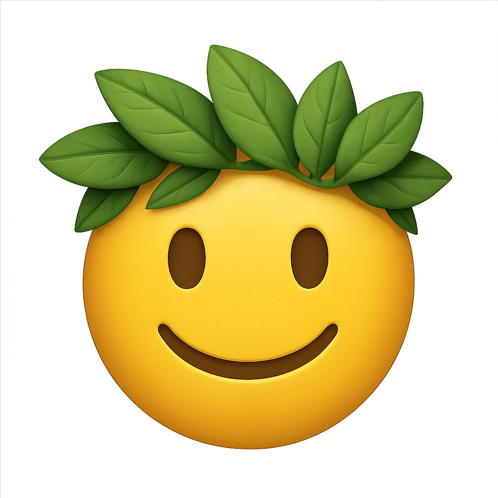 yellow face with green leaf crown, digital illustration, emoji style, no background emoji