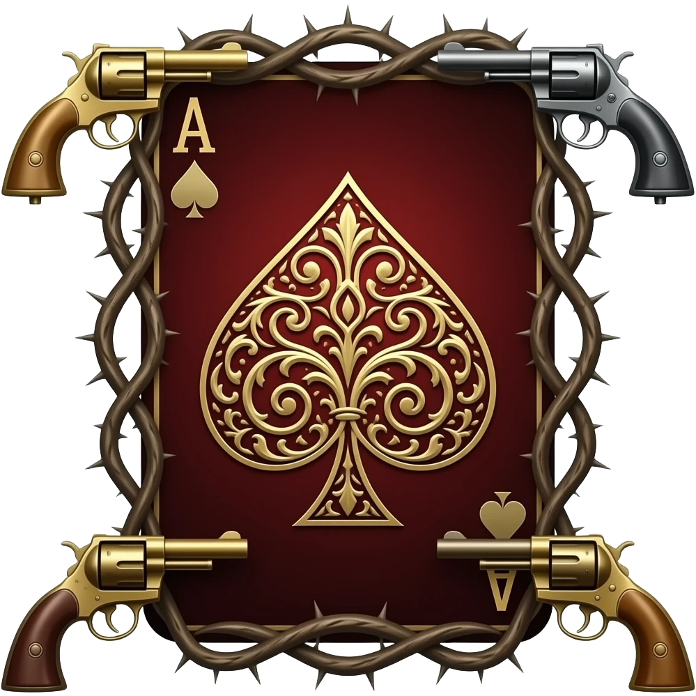 richly ornamented spade ace surrounded by tendrils of thorns and antique revolvers emoji