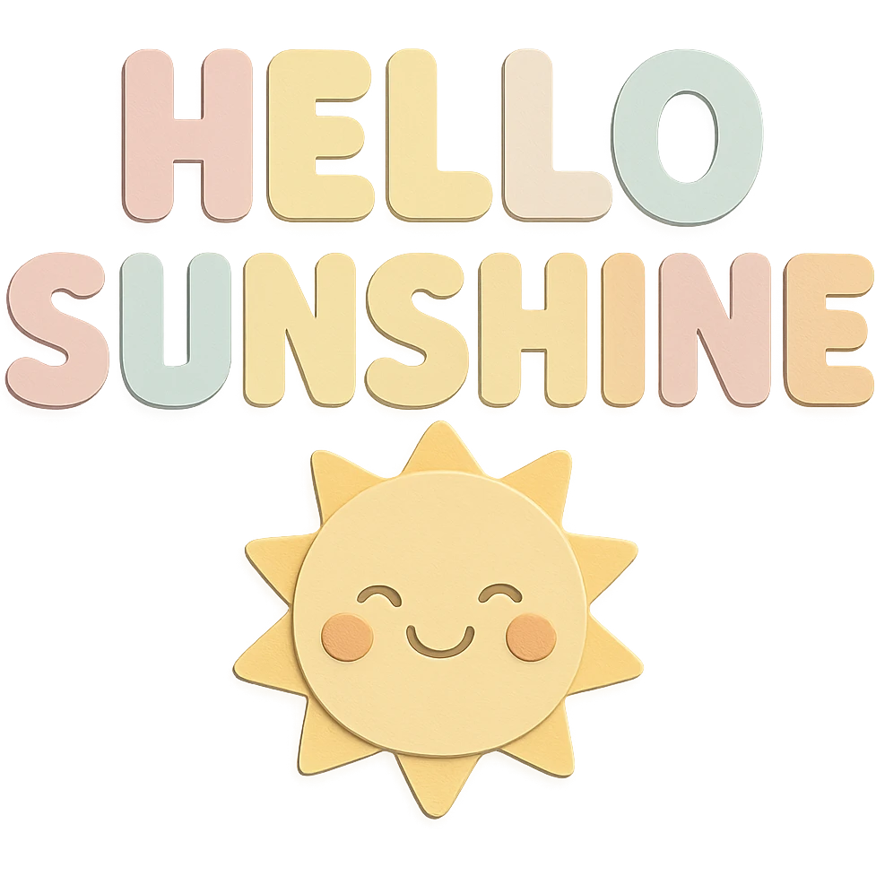 Make all words 'Hello Sunshine' clearly visible and legible in soft pastel rainbow bold soft letters, kawaii sticker art style with no outline. Adjust spacing and arrangement if needed for clarity. Transparent background. emoji