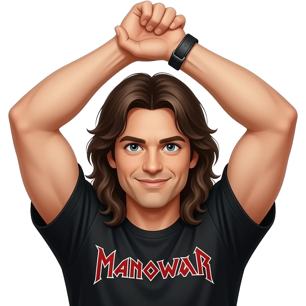 Only To arms held wide over the head and the left hand grabs the right wrist and the person should have Long hair and a black Manowar shirt emoji