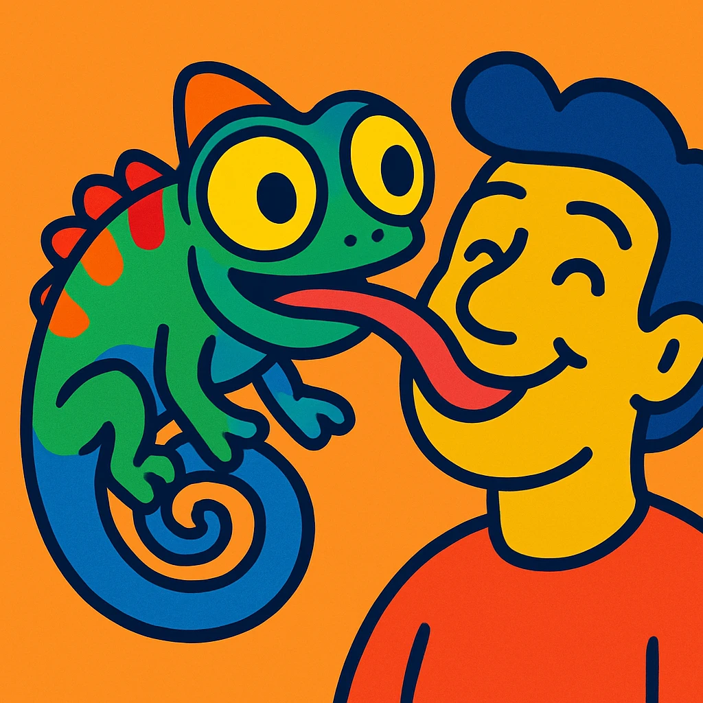 cute chameleon with exaggerated eyes licking a human face, vibrant colors emoji