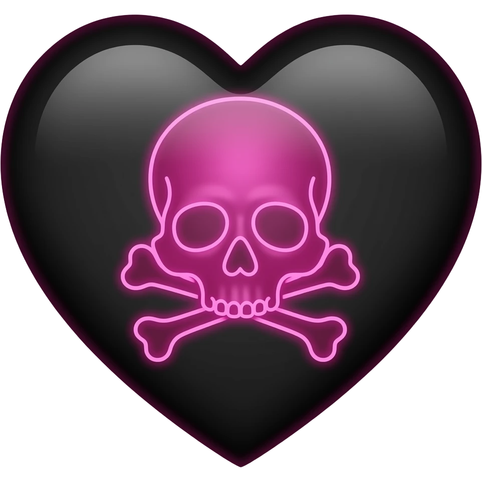 Neon pink skull and crossbones on black heart emoji