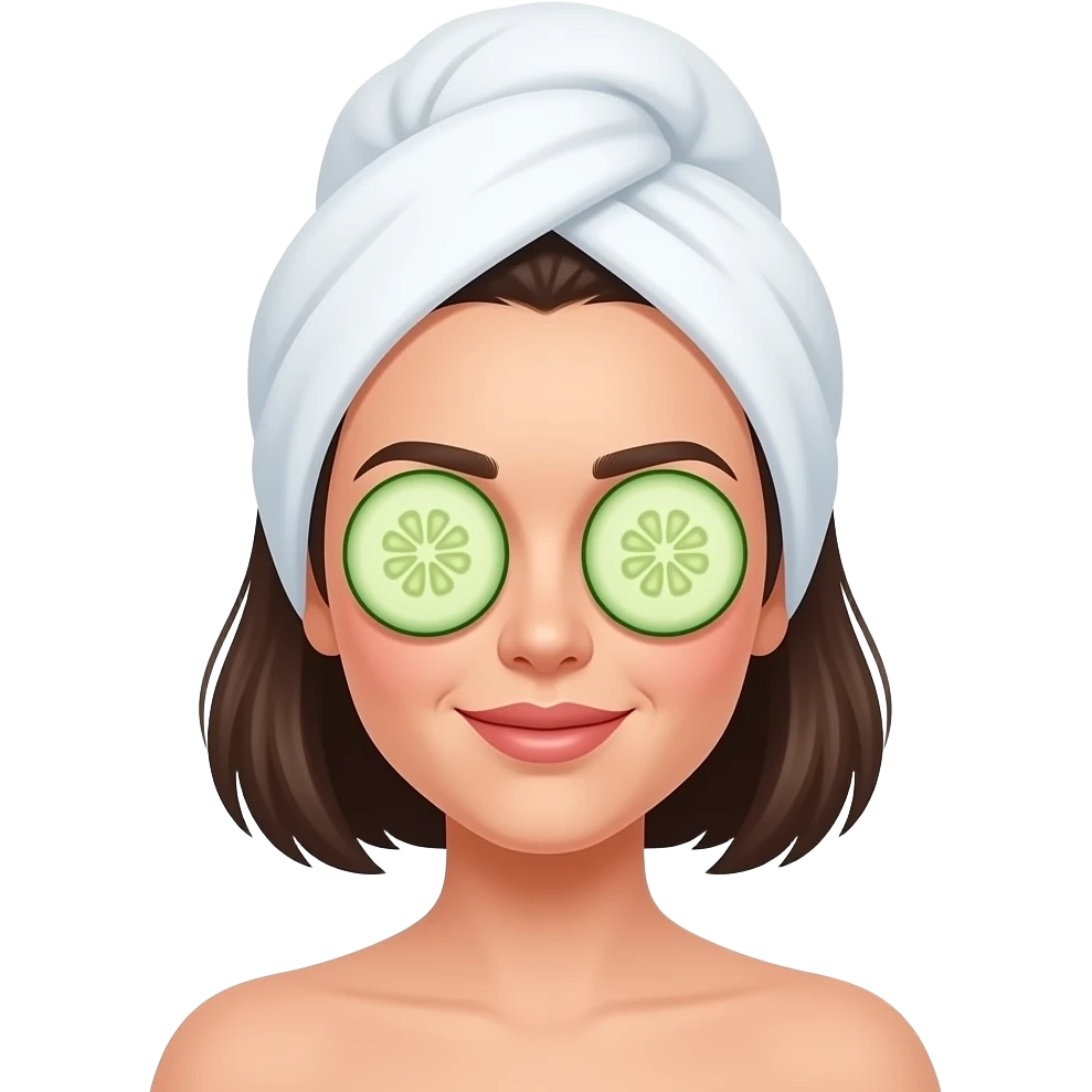 Una mujer de cabello corto por los hombros con toalla y pepino en los ojos emoji