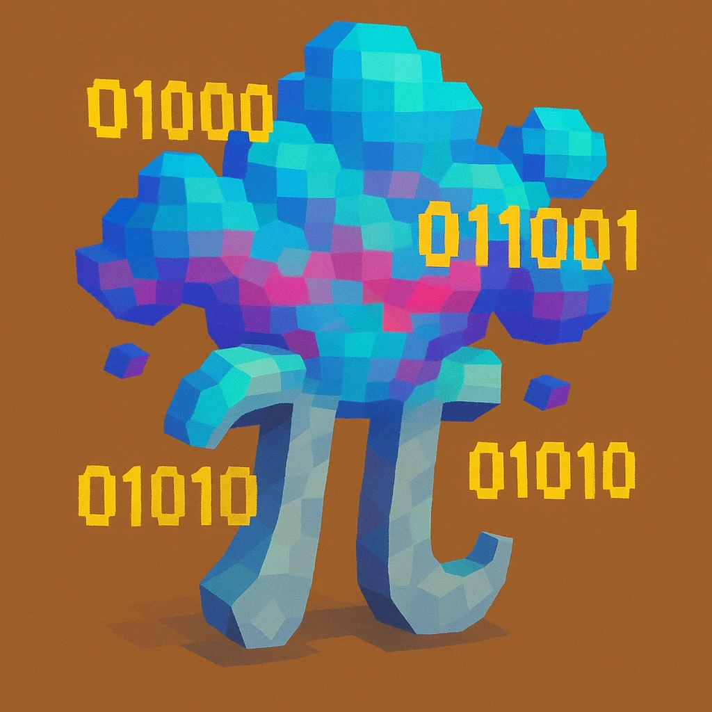 a custom emoji that combines the π (pi) math symbol, binary code, and a magical cloud or digital mist emerging from it. emoji