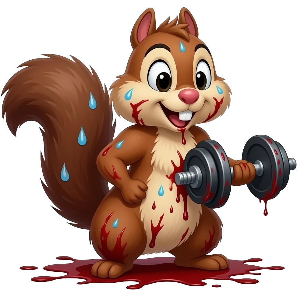 Realistic exhausted bloody chipmunk Chip from Chip 'n' Dale, labeled "courage", holding dumbbell, sweat and blood, barely breathing, dark gritty style, premium Telegram emoji, transparent background, muted dark reds and grays, not cartoonish. emoji