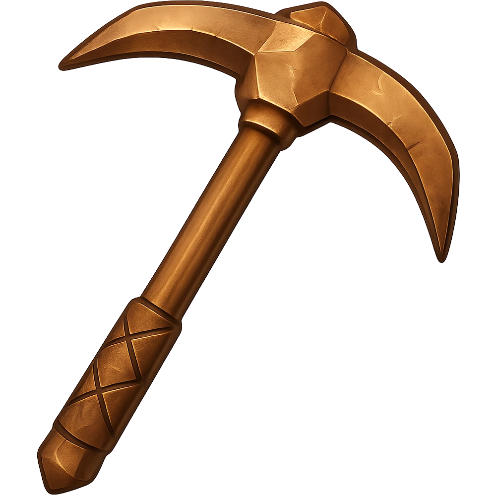 Create a bronze version of the pickaxe, matching the color, texture, and worn metallic look of the bronze dagger, but keep the pickaxe's shape. The style should emulate the emoji style with a transparent background. emoji