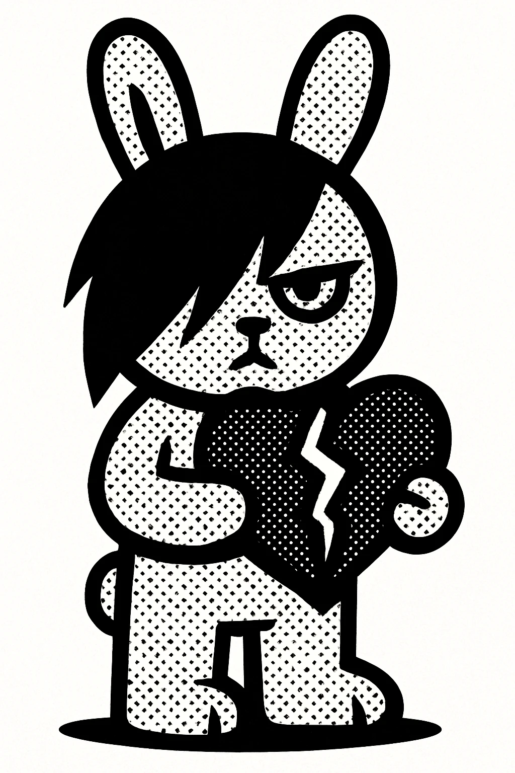 emo bunny, holding a broken heart, black eyeliner, dramatic hair, standing emoji