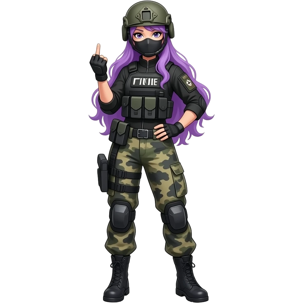 sexy girl with long purple hair wears a SPECIAL TACTICS FORCE medical OUTFIT BLACK FATIGUE AND COMBAT BOOTS PLATE with a helmet and a mask shows her middle fingers emoji