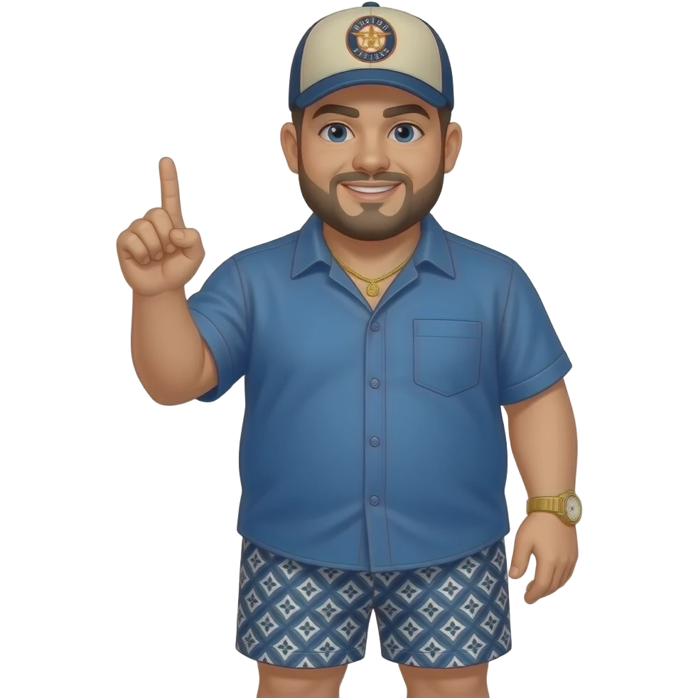 Chubby man with apricot skin tone with lightly shaved black beard wearing a blue button down short sleeve shirt with matching shorts with square pattern designs wearing an all beige color Huston Astros logo baseball cap wearing a gold tennis necklace and a gold wrist watch making a gun with fingers emoji