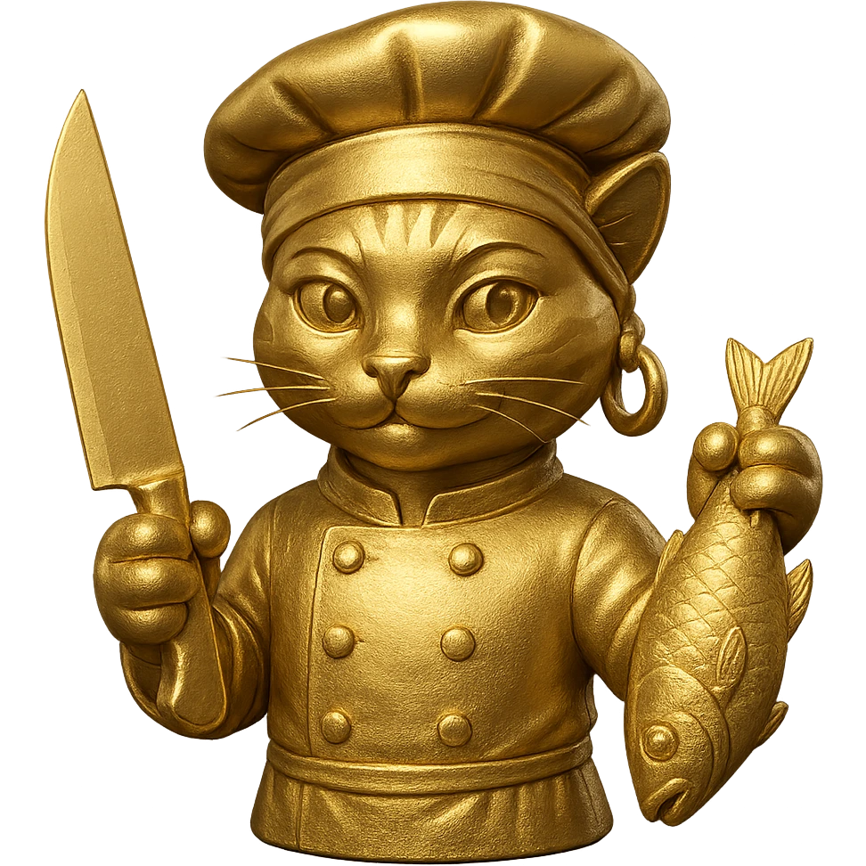 Add a single large gold earring to one ear, and make the cat chef hold a knife in one paw and a fish in the other. Keep the bandana and chef look, with no background. emoji