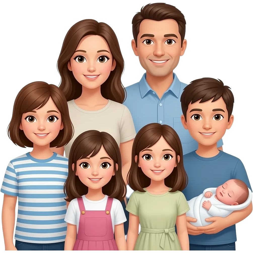 family of 8 white people and all with brown hair with 2 parents mom and dad with 6 kids 13 year old girl 10 year old boy 10 year old boy 8 year old girl small todler girl and newborn girl emoji