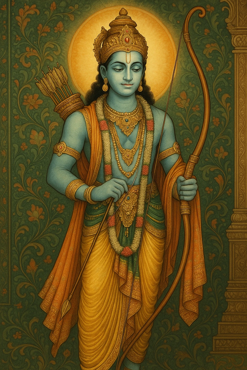 Lord Srirama in traditional Indian attire, holding a bow, serene expression, divine aura, intricate jewelry, standing pose, vibrant colors, detailed background, inspired by Indian mythology emoji