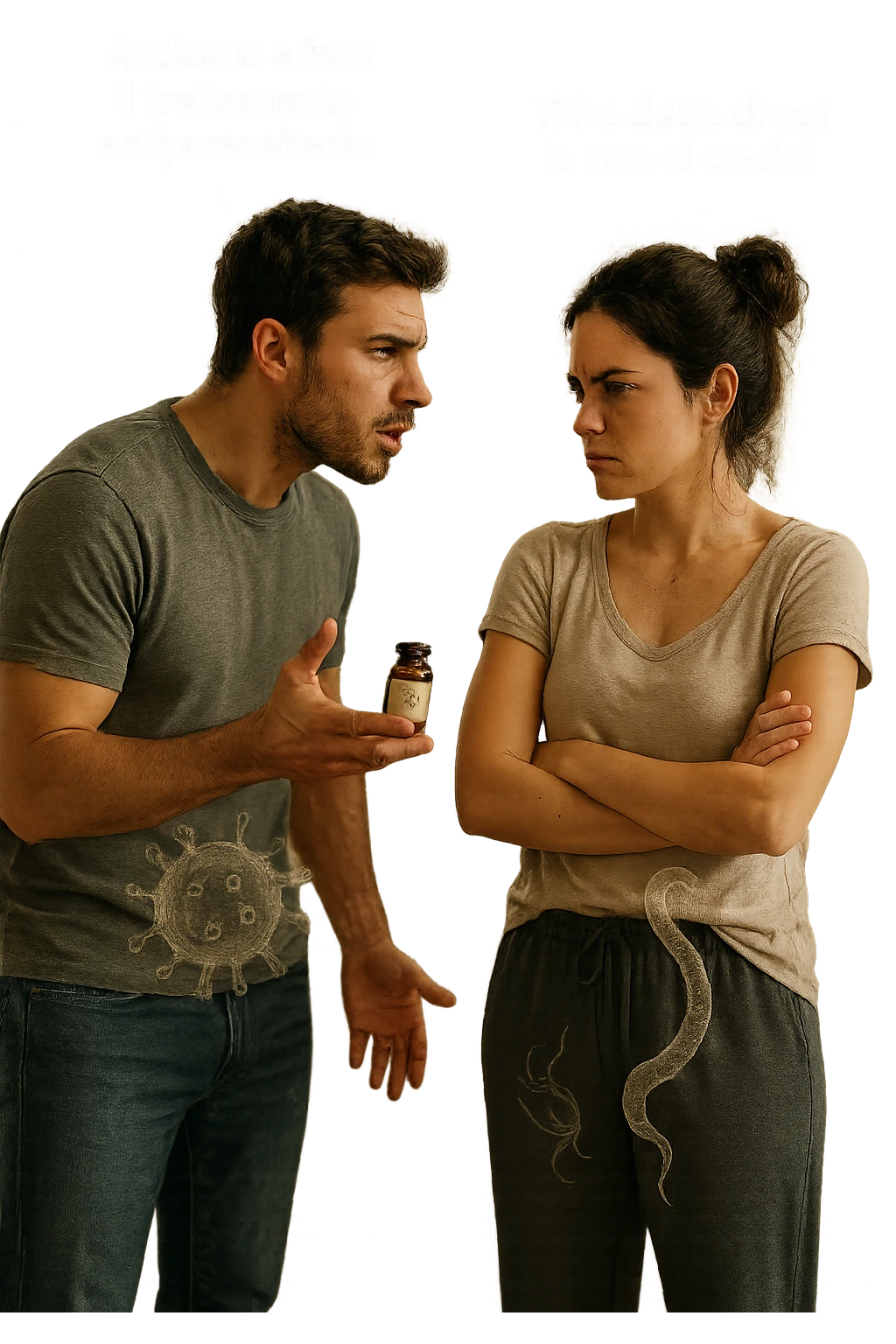 A highly realistic, cinematic photo of a young couple in their early 30s having an argument in a bright modern kitchen. The man, athletic build, wearing a casual T-shirt and jeans, is speaking firmly with a raised hand holding a small amber glass bottle labeled with a subtle herbal symbol, saying 'Andiamo a fare il trattamento antiparassitario' with a determined expression. The woman, with long dark hair tied in a messy bun, casual home outfit, crosses her arms with an angry, defensive expression, replying 'Ti ho detto di no! Io non ci credo!' while slightly turning away. Tension is visible in their body language, with the man leaning forward trying to explain and the woman leaning back, her eyebrows furrowed. Around them, subtle ghostly overlays of microscopic parasites are faintly visible near their abdominal areas, symbolizing the hidden reason for the argument. The kitchen is bright and modern with plants and natural light, contrasting the emotional tension. The style is hyperrealistic with warm tones and shallow depth of field focusing on their facial expressions, illustrating the conflict between belief in natural treatments and skepticism within the couple regarding hidden parasitic infections. in italiano emoji