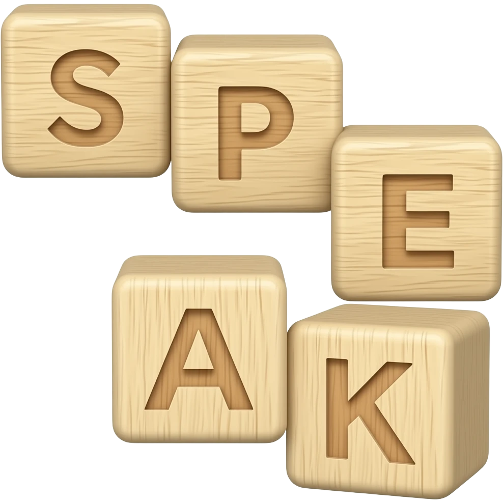 children's wooden blocks with letters, arranged to form a word SPEAK, soft cartoonist style emoji