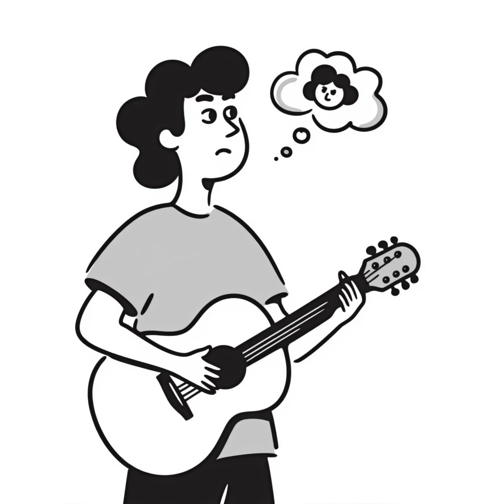 Close-up of a musician's face and torso, holding a guitar, looking up at the sky with a sad and worried expression, with a small thought cloud above showing something causing concern emoji