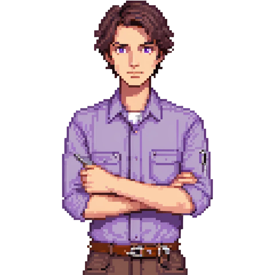 Focused male tinkerer, Caucasian features, short dark brown hair, sharp gray eyes, neutral expression, wearing violet work shirt with rolled-up sleeves, holding a small wrench in one hand, waist-up, front-facing emoji
