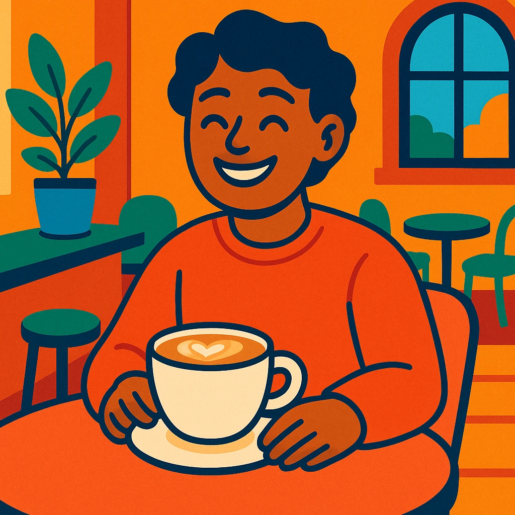 a person sitting at a café table, smiling with a latte, warm inviting style emoji