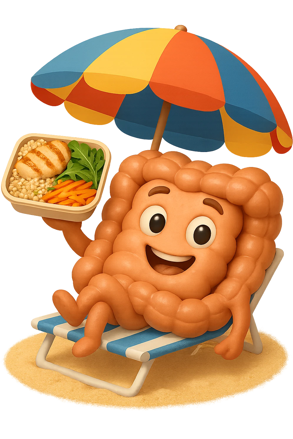 EMOJI STILE IPHONE DI INTESTINO IN SPIAGGIA SU UNA SPIAGGINA SOTTO L'OMBRELLONE CON IN MANO UNA SCHISCETTA DI Insalata di quinoa e pollo con rucola e carote, iperrealistica 4k emoji