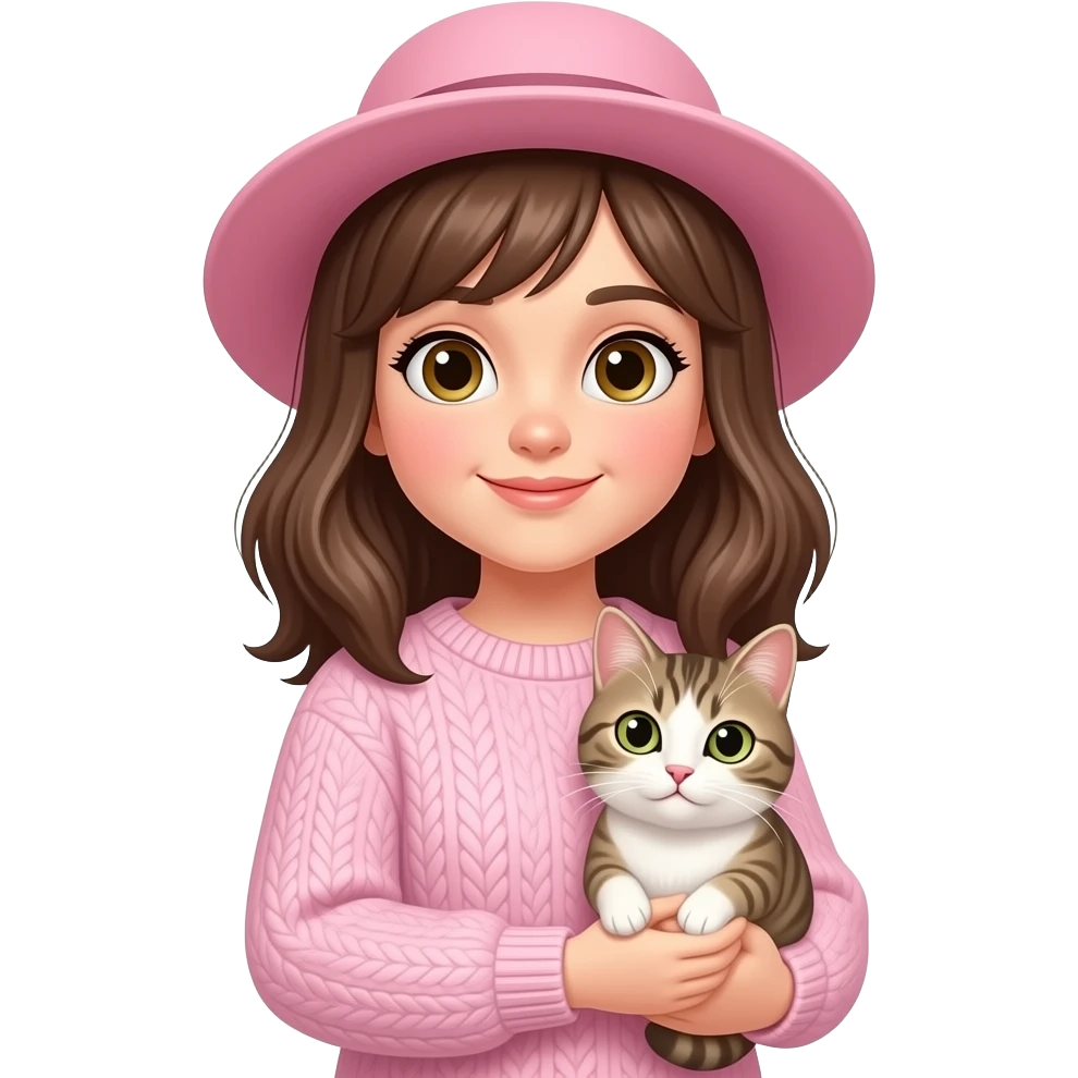 Girl with brown hair wearing a pink hat, light pink sweater, with brown hair holding a cat emoji