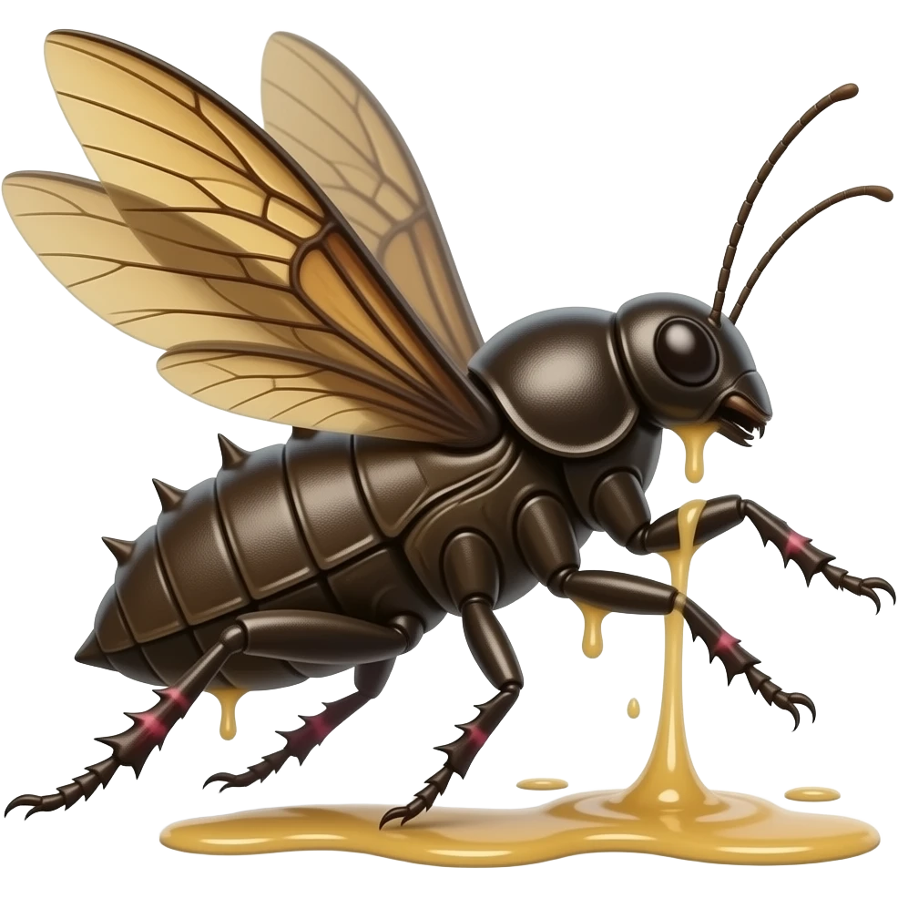 Flying Walkingstick beetle crawler with sticky sap in cracks in its bark-like body. petal wings it's made of bark but has a shell on its back, it has spikes and runs fast with all its limbs. It's full of pink petal markings, and looks like a Walkingstick insect with a petal bark body emoji