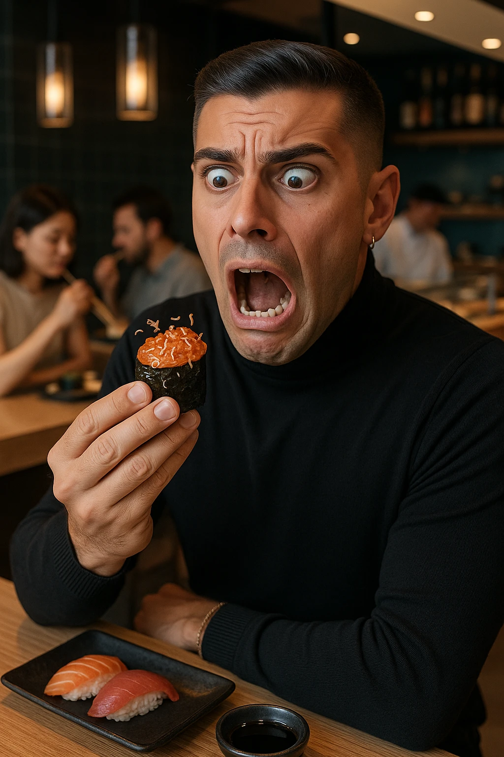 a man in casual clothes is about to eat a salmon gunkan at a sushi restaurant. As he brings it closer, he spots tiny parasites and bacteria wriggling on the fish. His face contorts in a dramatic expression of shock and alarm, with his hand frozen mid-air. The setting is a modern sushi bar, with other diners in the background unaware of the situation. emoji