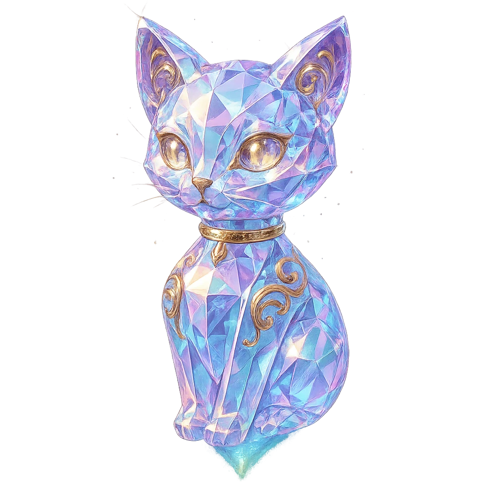 luxurious crystal elixir bottle in the shape of a kitten, pastel gradient, lots of shine, edges, ornaments, golden details, magical effects, very small golden collar, transparent background, beautiful merging base, clearly floating in the air, no base or shadow, premium class impression, playful and interesting design, fitting a collection of crystal, luxurious, magical bottles emoji