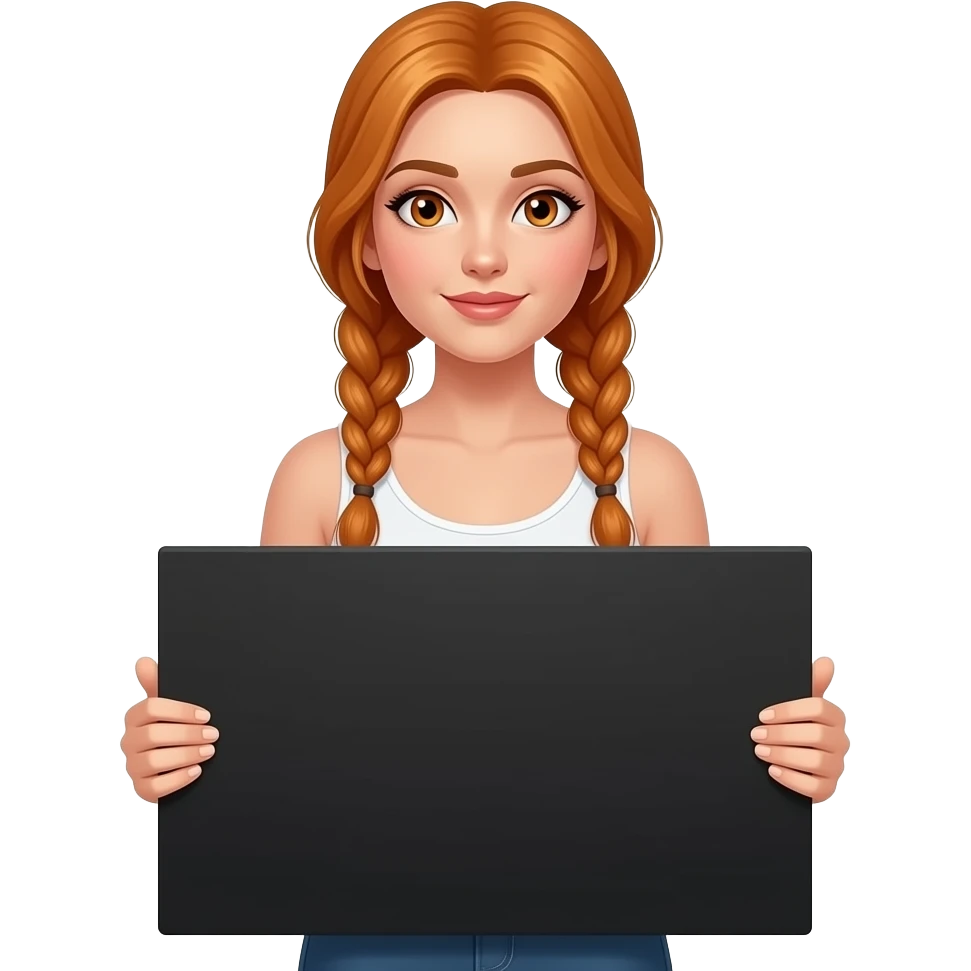 sexy girl with long ginger braids and ginger eyes wearing a white tanktop is holding a big black sign emoji