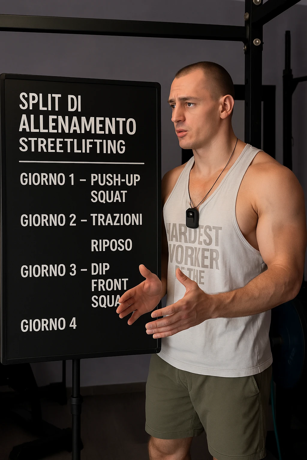 uomo che spiega alla lavagna la "Split di Allenamento" per lo streetlifting. tutto in italiano emoji