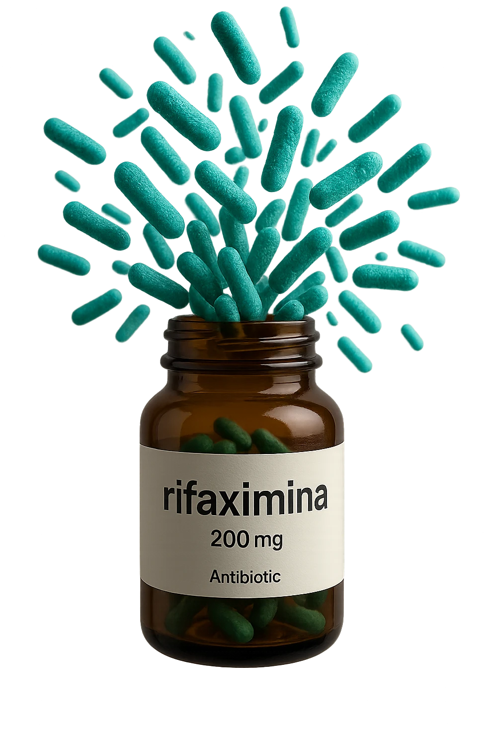 barattolo di medicinale con la scritta "rifaximina" sull'etichetta fluttua in aria, da dentro al barattolo escono batteri intestinali turchesi, iperrealistico 4k emoji
