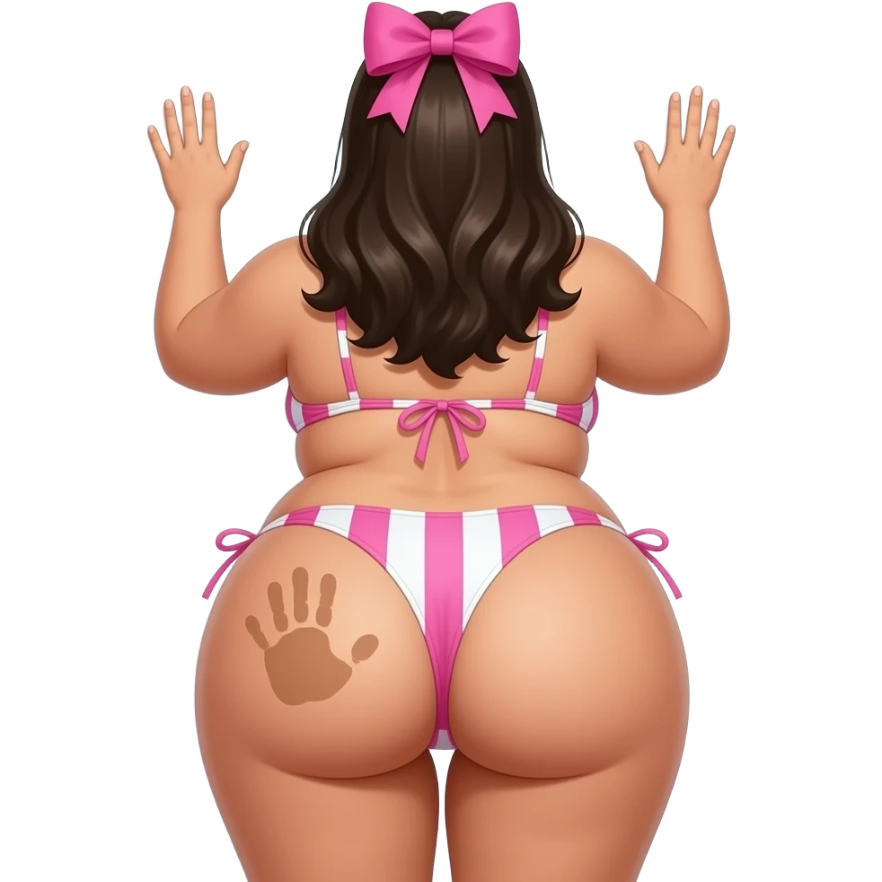 A tanned really extremely fat pink and white big booty latina showing back its bikini and big thighs and buttocks while putting her hands behind the wall and she has a skin colored hand print on her left buttocks and she with a pink bow tie on her head emoji