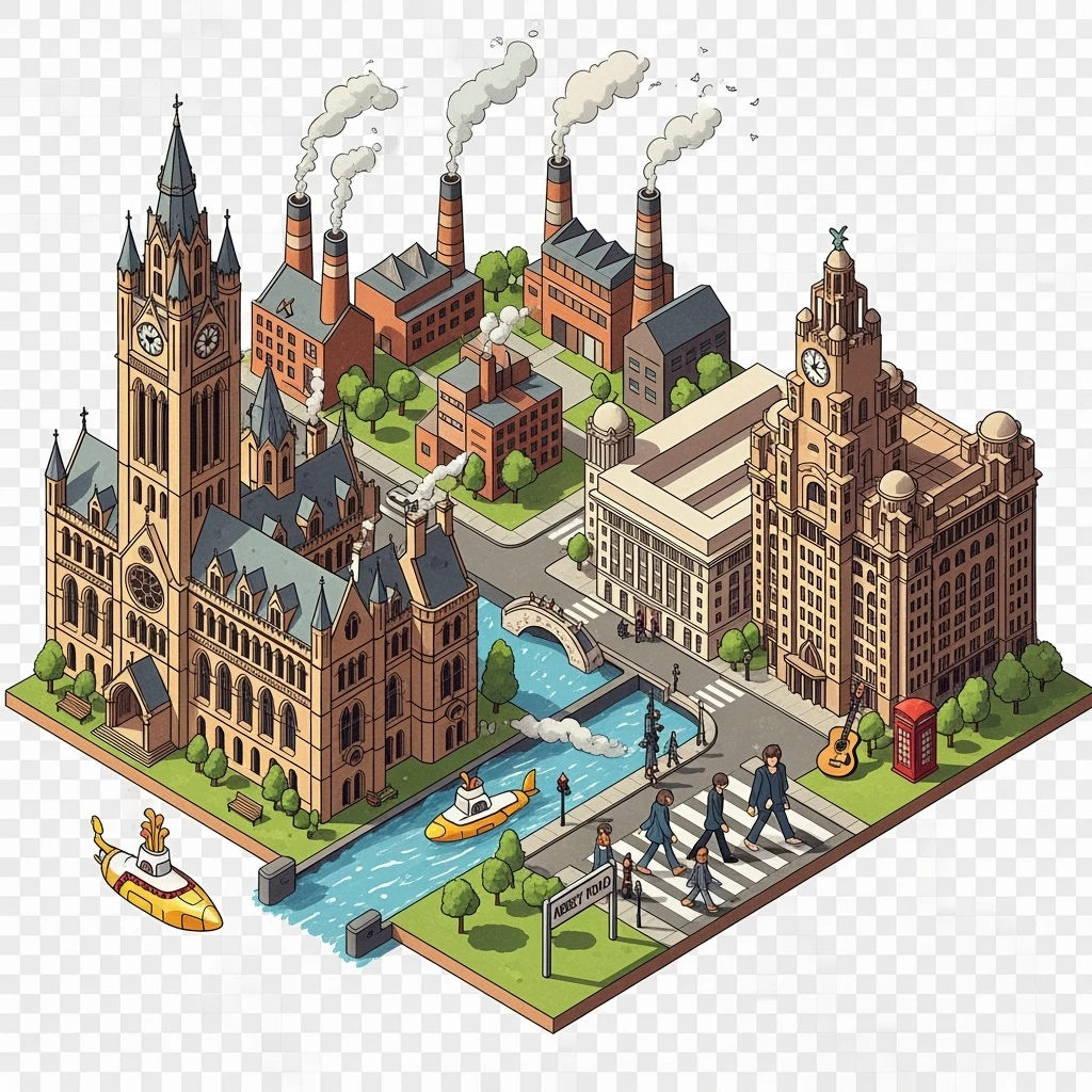 Isometric illustration of Manchester and Liverpool combined, featuring Beatles references (Abbey Road sign), Manchester Town Hall, toy-style factories, balanced between stylized painting and realistic, transparent background emoji