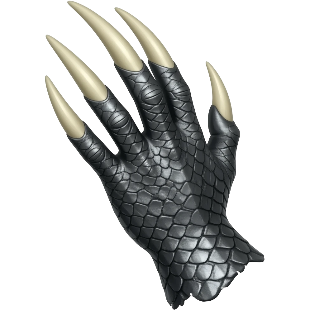 Hand with long sharp claws. "Dark silver" rough scaly skin with "dark ivory claws". Shift the perspective to a side profile to show the curvature and length of the claws more clearly. emoji