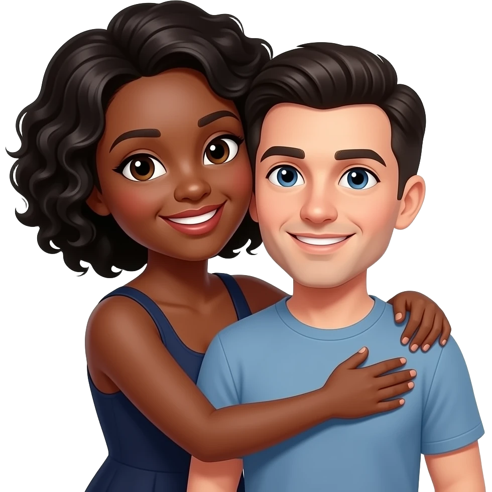 Taller black woman hugging shorter dark haired white man emoji