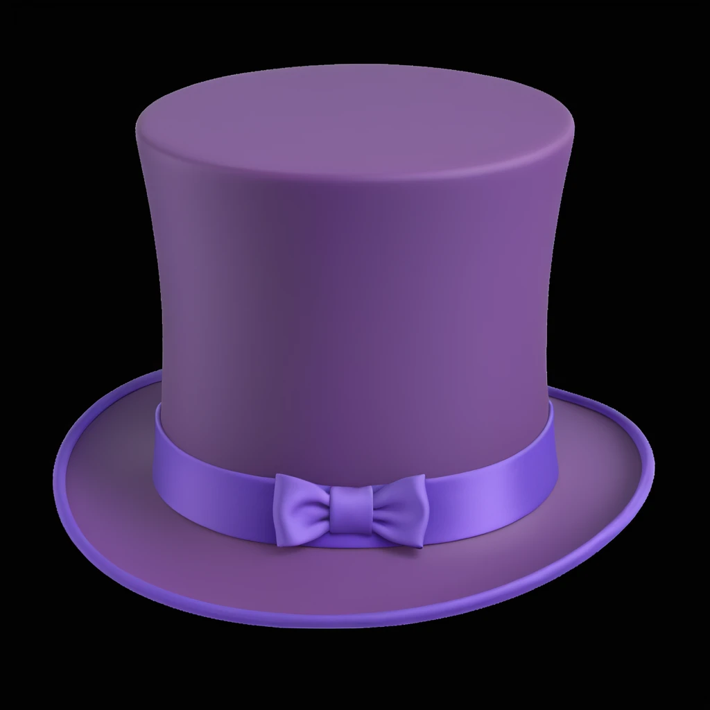 tall vintage-style purple top hat with smooth slightly glossy surface, wide brim, colorful satin ribbon around base, whimsical and elegant, inspired by Willy Wonka's iconic headwear, apple-style cartoon finish, soft shadows, clean white background emoji