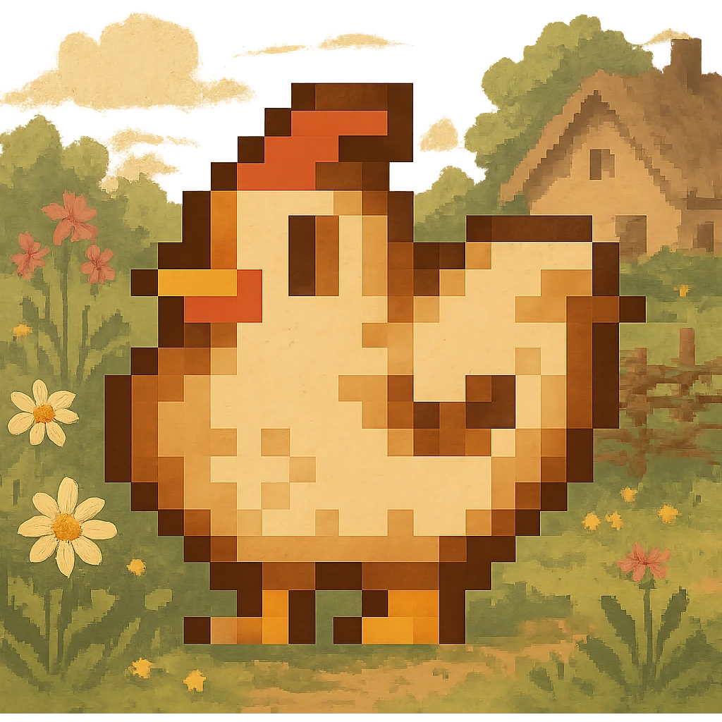 Using a transparent background, re-imagine this pixelated chicken in a cottage core setting emoji