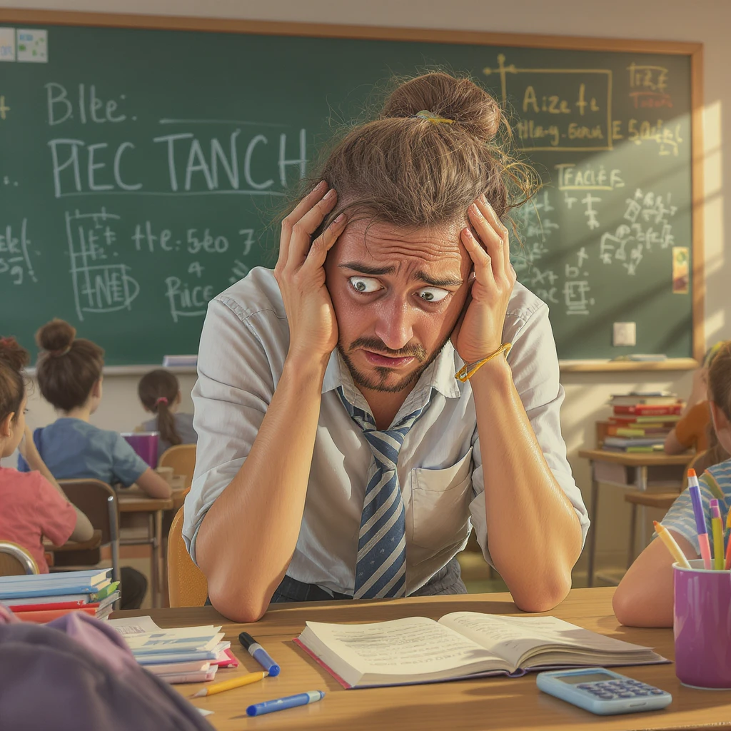 digital cartoon art of a exhausted teacher in a bustling classroom emoji