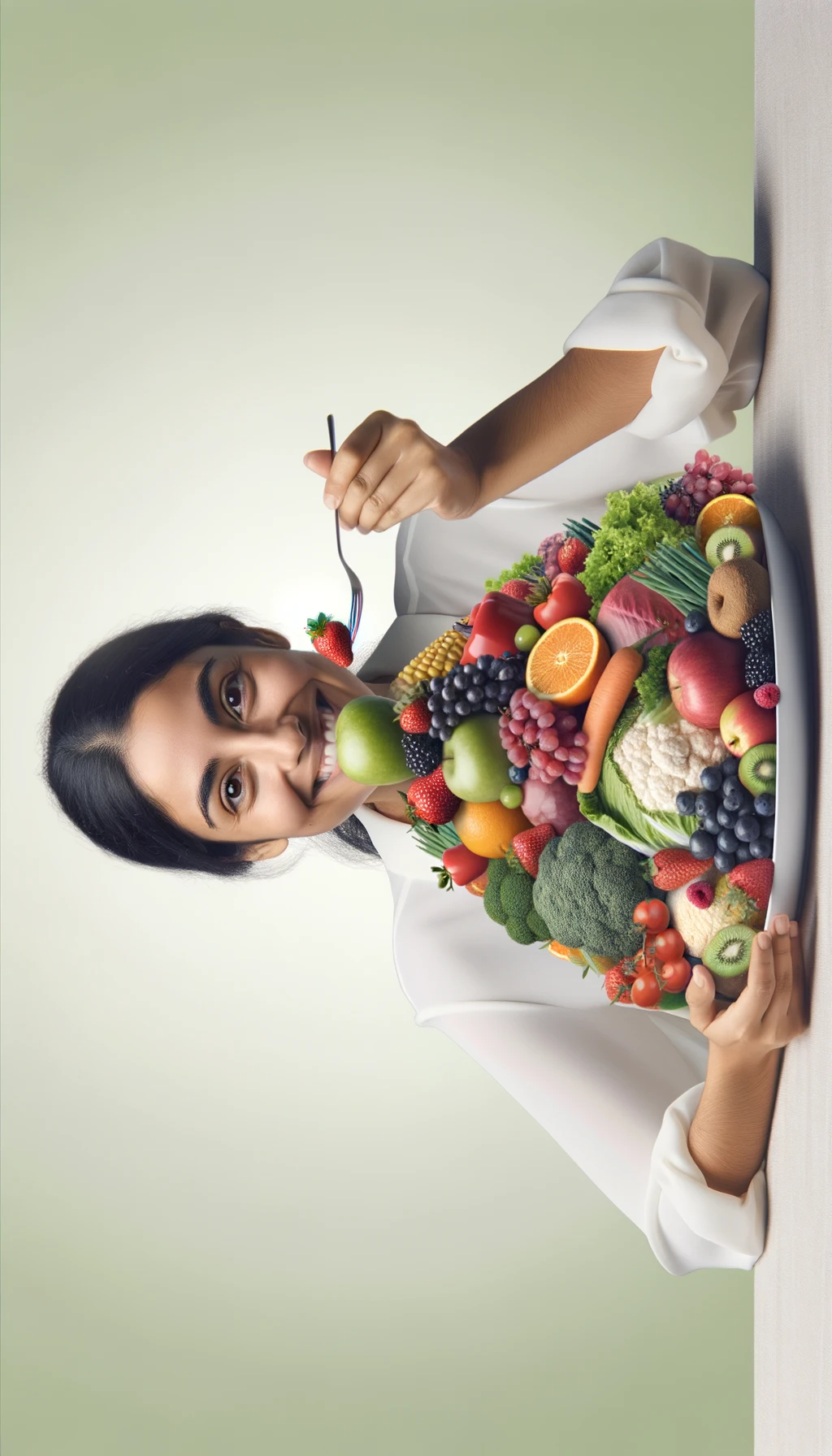 donna che mangia una montagna di frutta e verdura, SFONDO CHIARO NEUTRO, colori realistici, iperrealistico 4k emoji