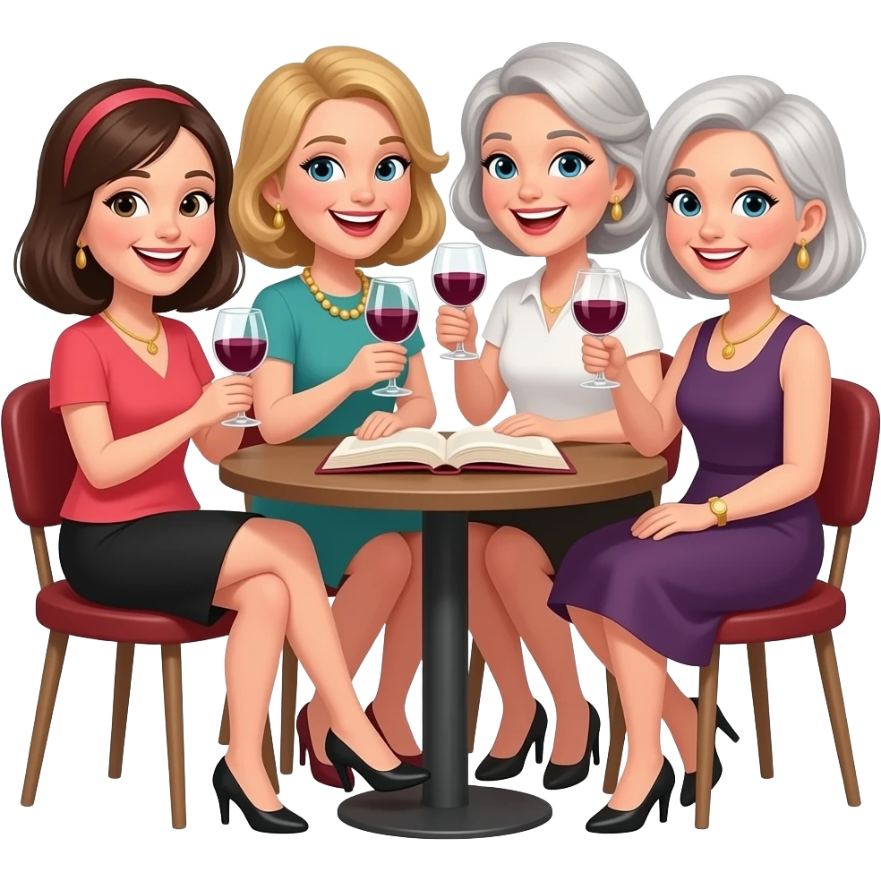5 ladies silly book club having fun drinking wine emoji