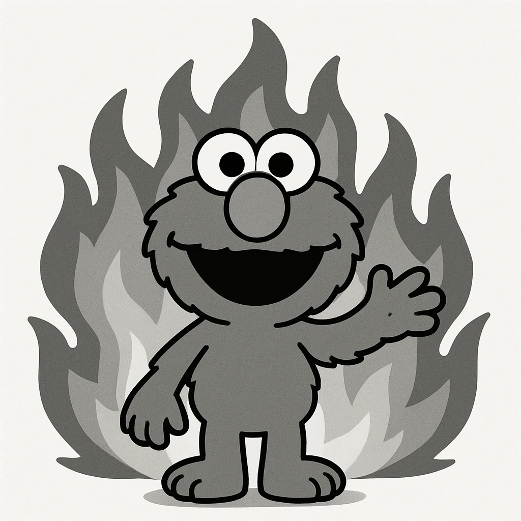 Elmo character with fire in the background, minimal and flat design emoji
