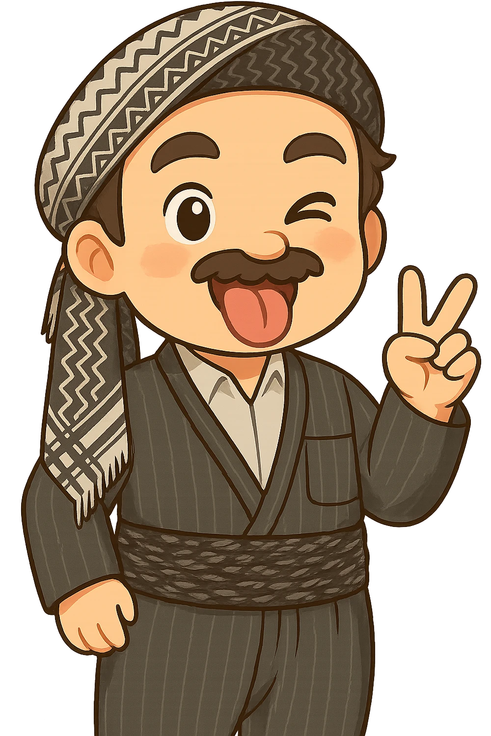 Cartoon sticker of a Kurdish man with the same clothes and scarf as the reference image, no changes to clothes or scarf. Face with tongue out and wink expression similar to the 😜 emoji. Hand raised in a playful or fun gesture, such as a victory sign. Colorful and cheerful, no shadows or color halos around the image, no text, fully transparent background, suitable for WhatsApp and Instagram. emoji