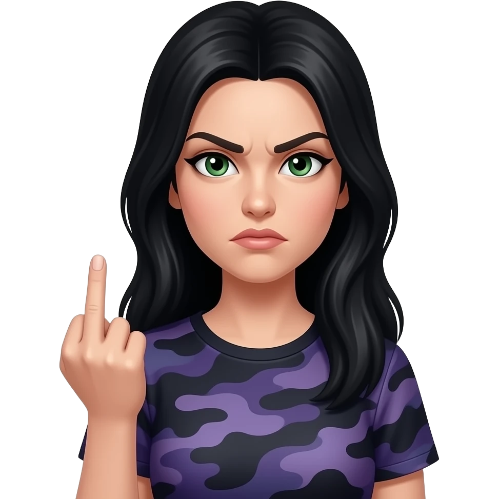 Angry Pale Woman with long black hair and green eyes and a dark purple camoflage shirt giving the finger emoji