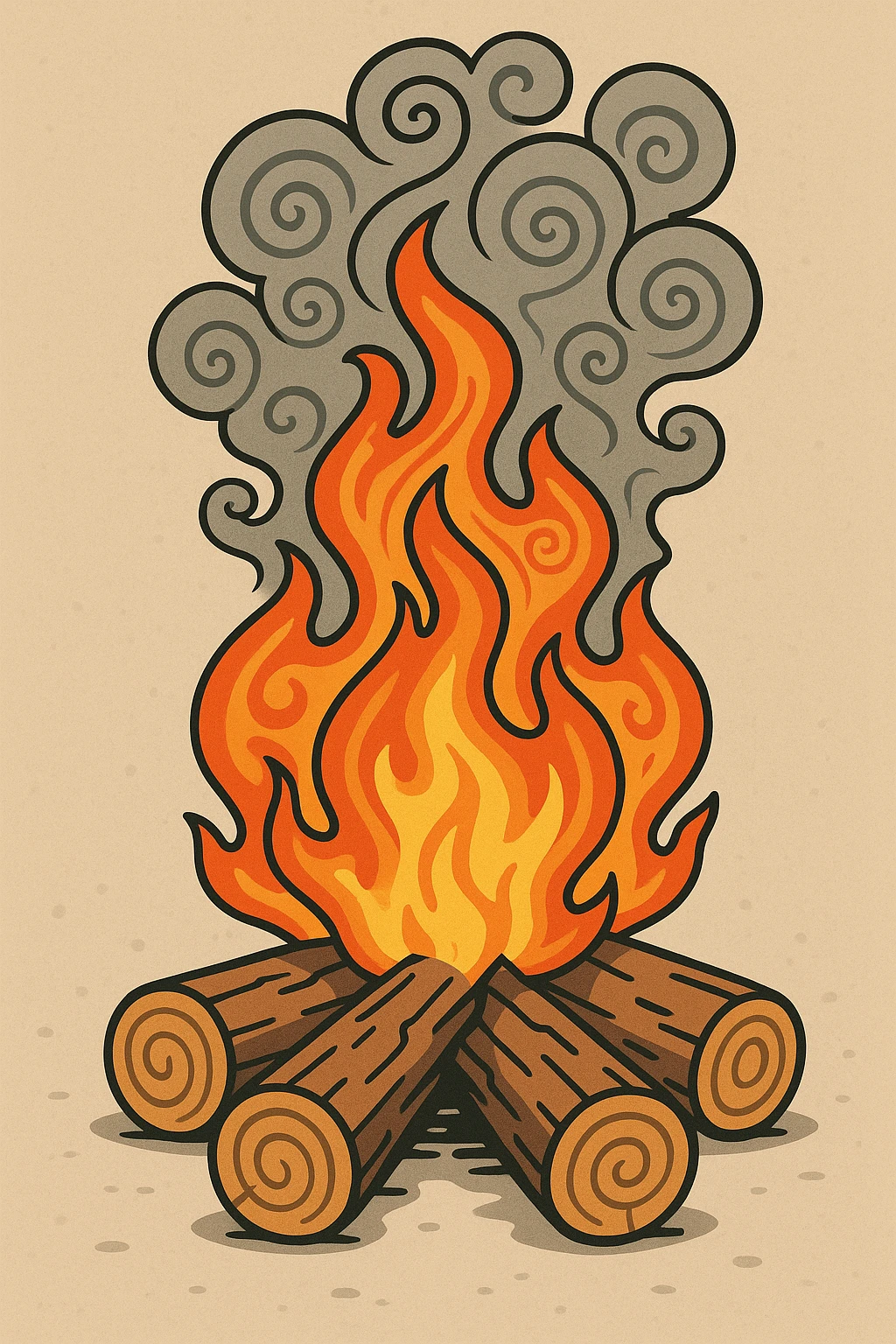 three-log campfire, no people, fire and smoke form subtle hypnotic patterns, straightforward style emoji