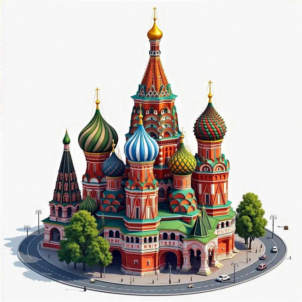 Isometric illustration of Moscow, featuring photorealistic Saint Basil's Cathedral, highly detailed in semi-realistic style, balanced between stylized painting and realistic, 3D miniature effect with a slight hand-painted touch - transparent background emoji
