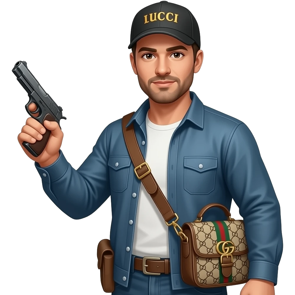 Un gars avc une casquette et une sacoche gucci un et pistolet emoji