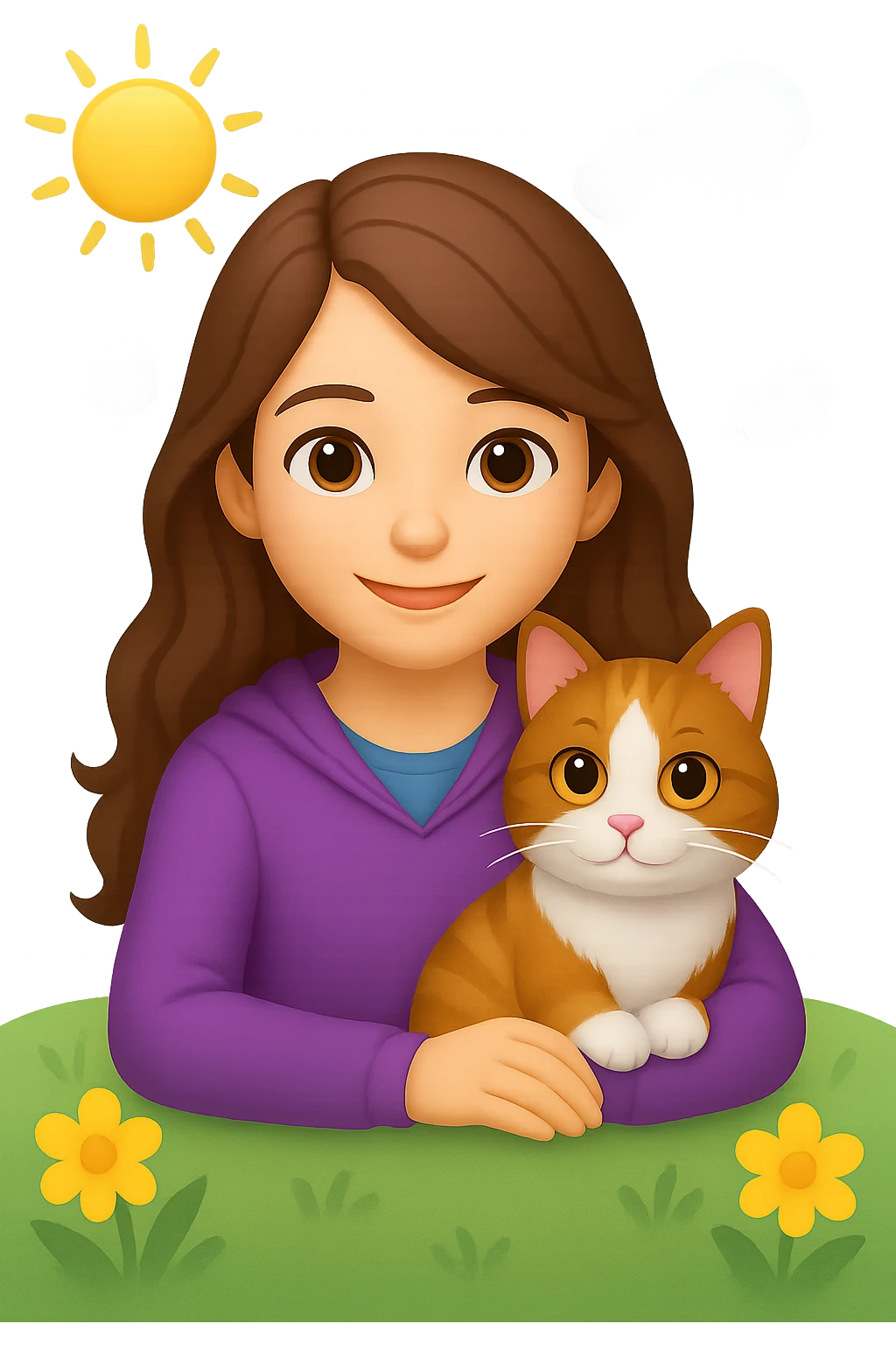 Add a simple, cheerful background to the scene with a girl with long, wavy brown hair, brown eyes, purple clothes, sitting with a three-color cat, in emoji style. emoji