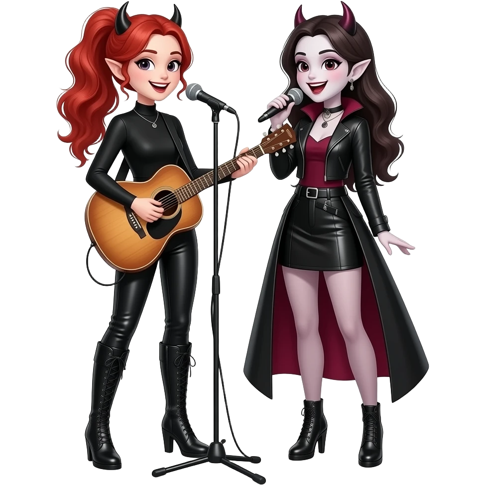 Vampiro femmina ADOLESCENTE con pelle bianca e capelli rosso ondulati lunghi raccolti in una mezza coda che indossa dei pantaloni di pelle neri un top nero con maniche lunghe e degli stivali lunghi con tacco che canta e suona una chitarra di legno e la sua amica VAMPIRA femminancanta e sono felici emoji