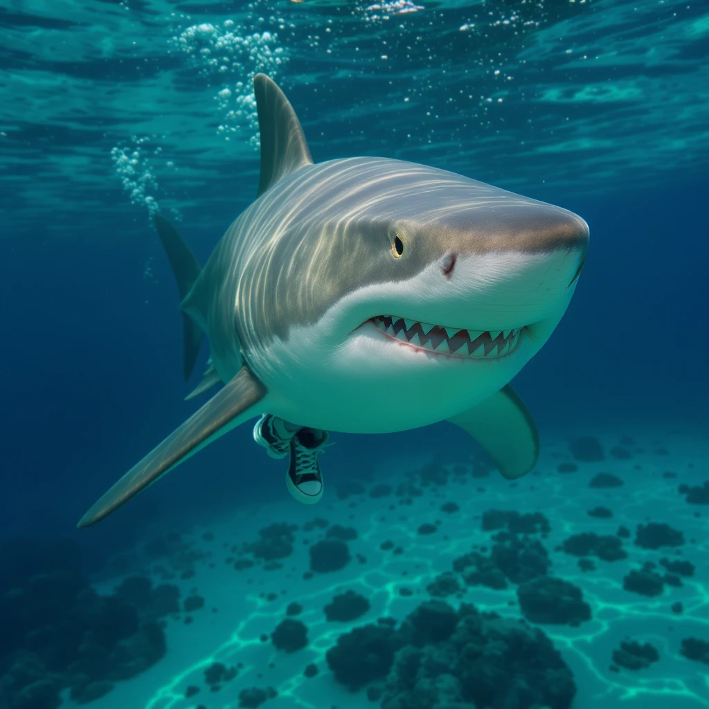 realistic shark wearing shoes, professional photography style emoji