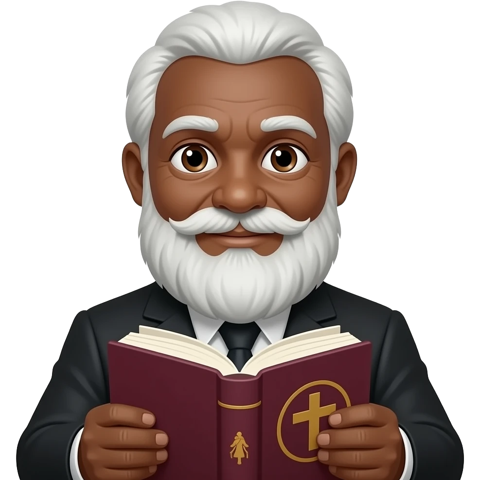 wise old man with greying white hair slight smile brown eyes white beard black skin with burgundy book that has a cross on it no circle emoji
