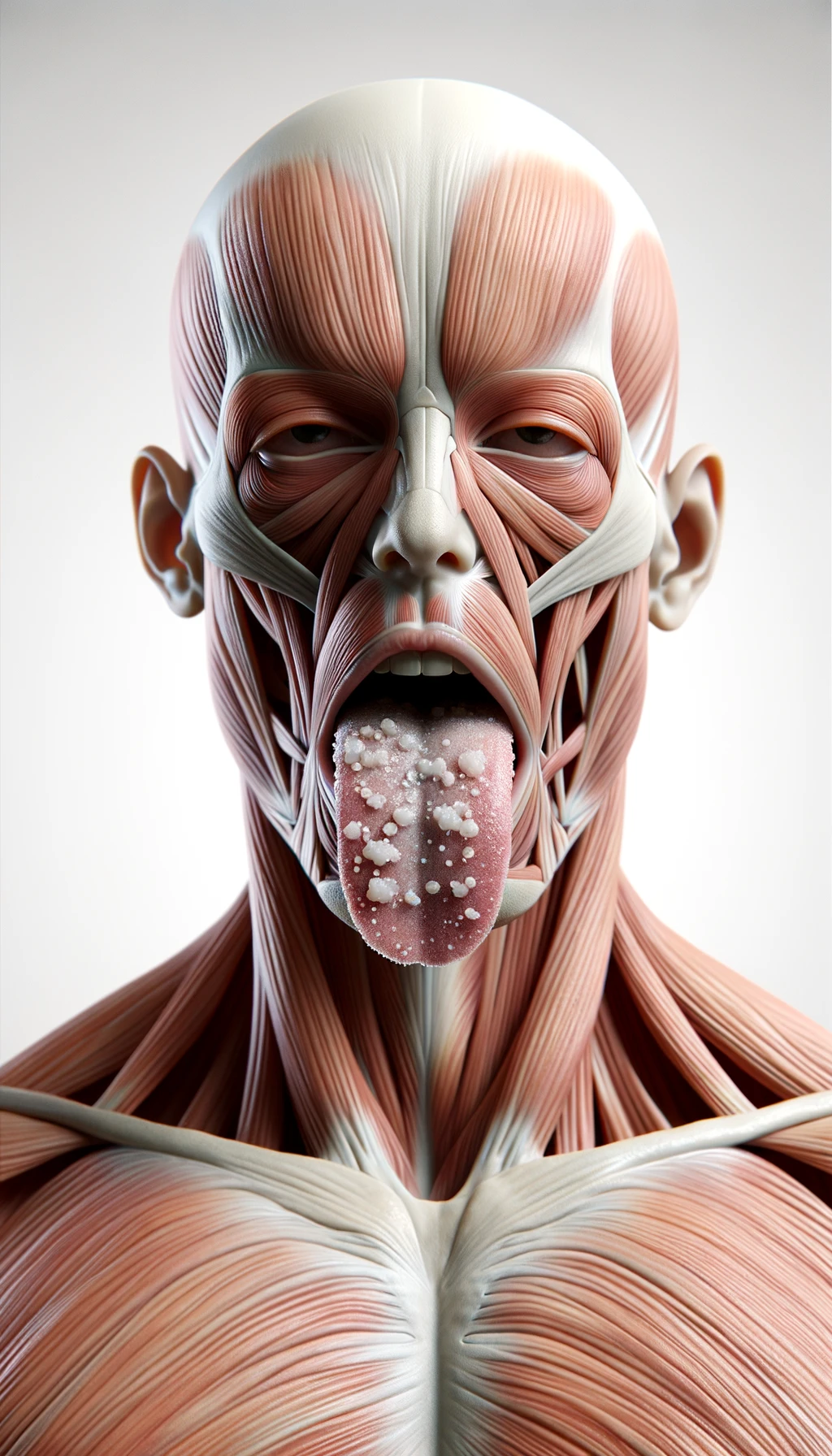 CORPO UMANO ANATOMICO IN PIEDI FRONTALMENTE CHE TIENE LA LINGUA UN PO' FUORI ED è PIENA DI MACCHIE BIANCASTRE, NEUTRAL CLEAR BACKGROUND, COLORI REALISTICI DEI MUSCOLI, iperrealistico 4k emoji